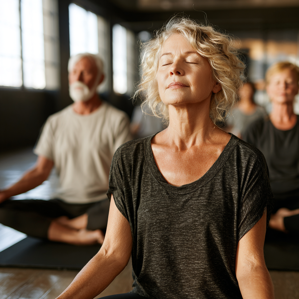 experienced yoga instructor guiding mature students in peaceful meditation pose