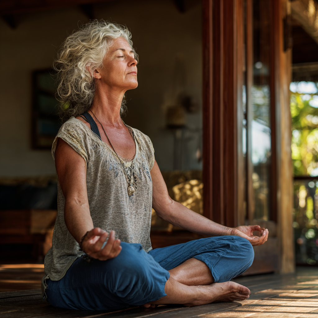mature woman practicing mindful yoga meditation in peaceful environment