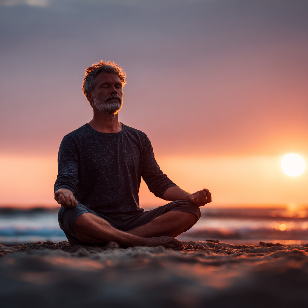middle-aged person in lotus pose during sunrise yoga practice